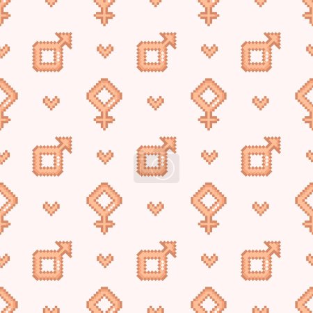 Illustration for Pixel gender male and female symbols seamless pattern for Valentines day. Design in peach fuzz color - Royalty Free Image