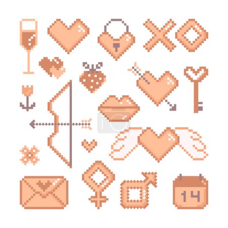Foto de Pixel art Set de elementos de San Valentín. Ilustraciones de estilo de videojuego vintage de 8 bits como corazón, letra, arbalest, calendario, símbolos masculinos y femeninos, labios, llave y candado - Imagen libre de derechos