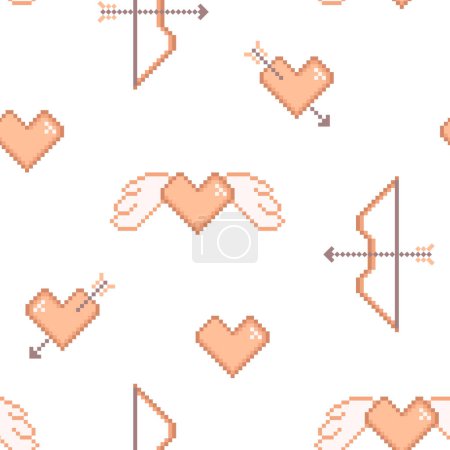 Illustration for Pixel art Valentine day seamless pattern with arbalest and hearts. Design in peach fuzz color - Royalty Free Image
