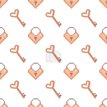 Foto de Pixel art Patrón sin costuras de San Valentín con cerradura y llave. Diseño en color pelusa melocotón - Imagen libre de derechos