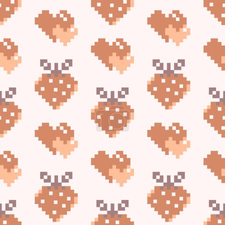 Foto de Pixel art Patrón sin costuras de San Valentín con corazones y fresas. Diseño en color pelusa melocotón - Imagen libre de derechos