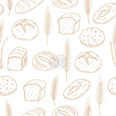 Foto de Patrón sin costura dibujado a mano con diferentes tipos de pan y espigas de trigo. Fondo de productos horneados. Diseño para panadería, textiles para el hogar - Imagen libre de derechos