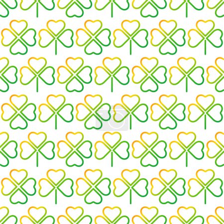 Illustration for Seamless pattern with gradient shamrock for Saint Patricks Day. Four leaf and three leaf clover leaves with green and orange gradient - Royalty Free Image