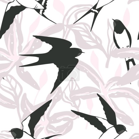 Foto de Patrón sin costuras con golondrinas y grandes flores abstractas y hojas. Diseño de aves de primavera - Imagen libre de derechos