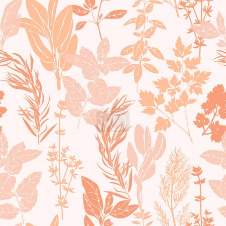 Floral background with hand drawn aromatic garden herbs in peach fuzz color, seamless pattern