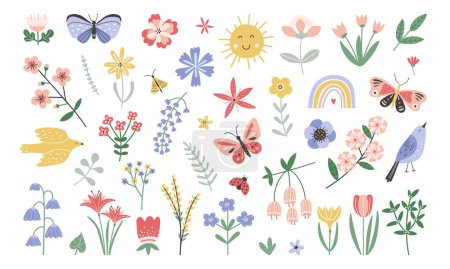 Foto de Lindo conjunto de flores de primavera aisladas abstractas, plantas, mariposas y aves. Dibujos animados estilo de los niños, dibujo del vivero - Imagen libre de derechos