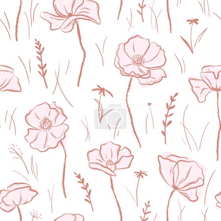 Illustration for Simple hand drawn poppy flowers on white background. Seamless pattern for fabric, home textile, cover, wrapping paper - Royalty Free Image