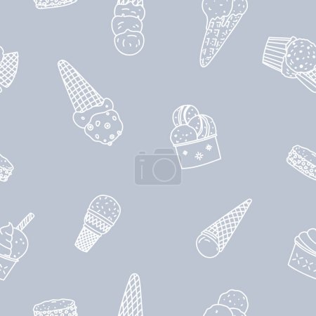 Foto de Patrón sin costuras con helado en estilo garabato sobre fondo azul claro. Diseño de alimentos de contorno - Imagen libre de derechos