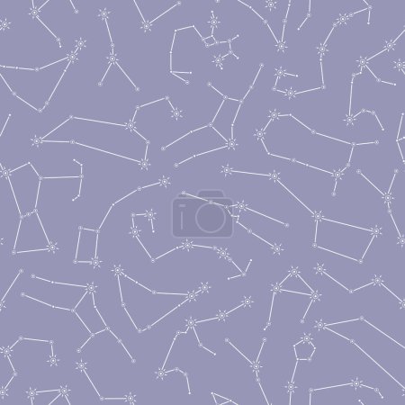 Different constellations on blue background seamless pattern. Celestial design for textile, wrapping paper, cover