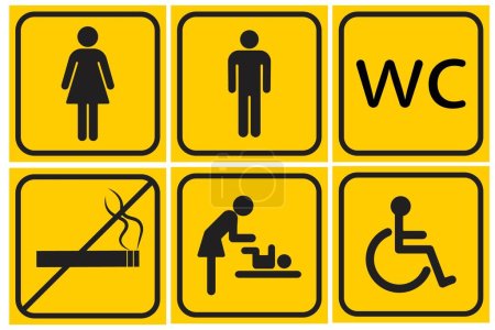 Téléchargez les illustrations : Icône de ligne de toilette sur fond jaune - en licence libre de droit