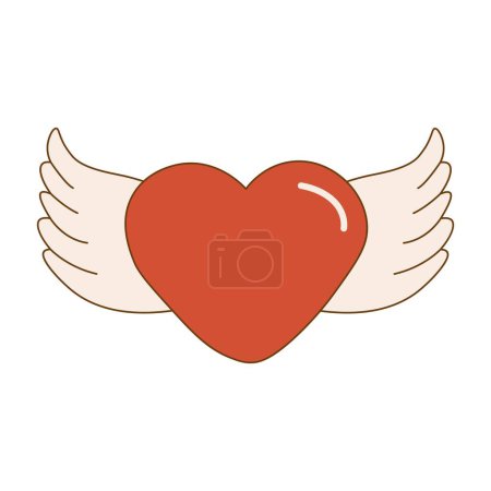 Illustration for Heart shaped character with wings in retro style.Valentine's day holiday ornamental decor element. Good for greeting card, tattoo design. Isolated on white background - Royalty Free Image