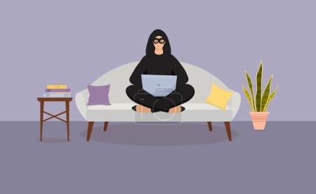Illustration for Hacker in a black mask with a computer - Royalty Free Image