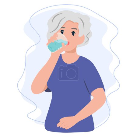 Illustration for Old Woman drinking a fresh glass of water. Healthy and Sustainable Lifestyle Concept - Royalty Free Image