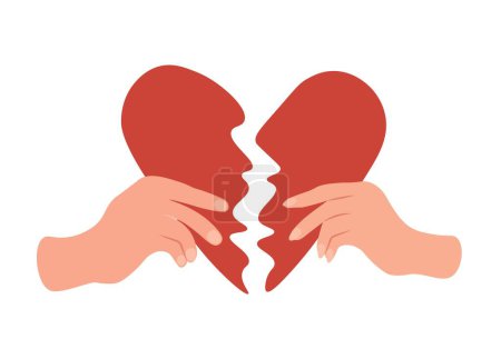  Rotes gebrochenes Herz in Händen Mann und Frau. Versöhnungskonzept: Wiederherstellung der Liebe