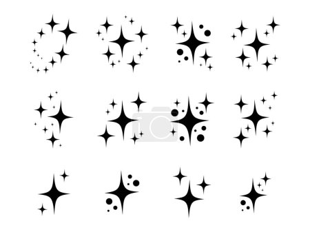 Black decorative sparkles set, sparkling stars, shiny flashes of fireworks. Collection original stars