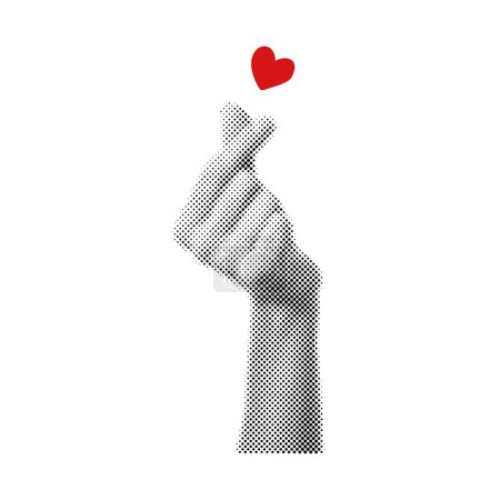 Illustration for Halftone effect, korean symbol hand with red heart. Message of love hand gesture - Royalty Free Image