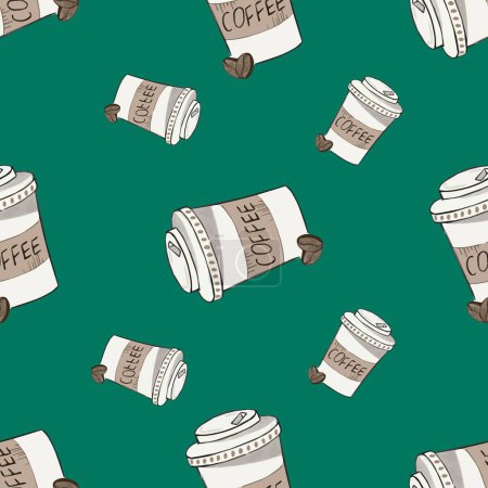 Illustration for Seamless pattern with takeaway paper coffee cups  on green background. For wrapping paper, wallpaper, textile - Royalty Free Image