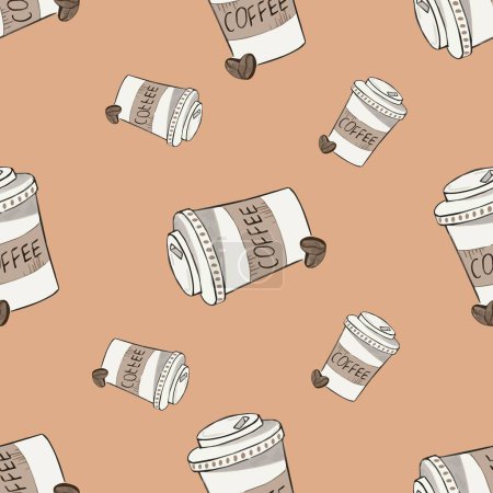 Illustration for Seamless pattern with takeaway paper coffee cups  on brown background. For wrapping paper, wallpaper, textile - Royalty Free Image