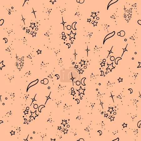 Illustration for Seamless doodle pattern with stars and moons on Peach Fuzz background. Boho style illustration. Can be useful for textiles , wrapping paper or wallpapers - Royalty Free Image