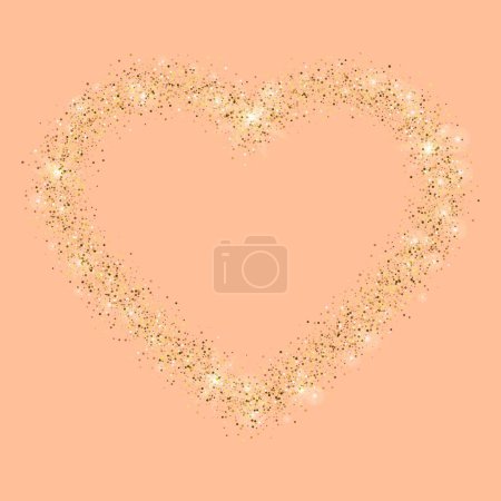 Illustration for Golden glitter heart frame with space for text. Vector golden dust isolated on Peach Fuzz. Great for valentine and mother's day cards, wedding invitations, party posters and flyers. - Royalty Free Image