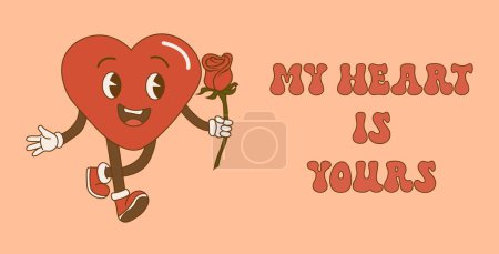 Illustration for Groovy lovely heart retro poster. Groovy retro heart. Hippie happy heart in retro cartoon style.Valentines Day. Vintage heart - Royalty Free Image
