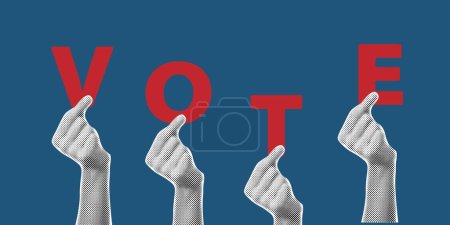 Illustration for Vote and opinion poll concept of people voting. Halftone sticker of human hands holding vote letters on blue background - Royalty Free Image