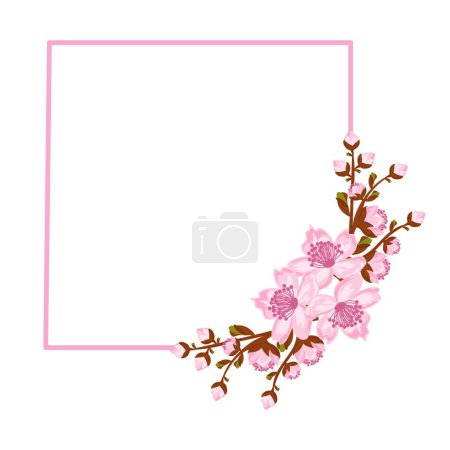 Téléchargez les illustrations : Cadre carré avec arrangement de brindilles sakura ou fleur de cerisier. Conception de cartes d'invitation ou de vœux - en licence libre de droit