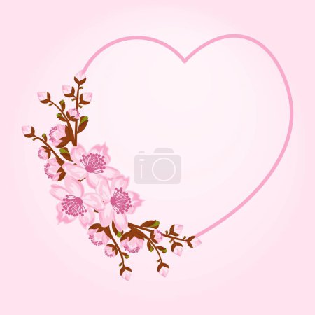 Téléchargez les illustrations : Cadre de coeur avec arrangement de brindilles sakura ou fleur de cerisier. Conception de cartes d'invitation ou de vœux - en licence libre de droit