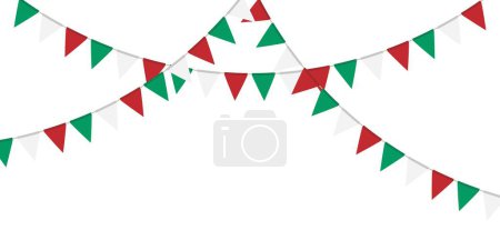 Téléchargez les illustrations : Guirlande drapeau vert, blanc et rouge. Chaîne de fanions triangulaires. Décoration de fête. Drapeaux de célébration pour la décoration - en licence libre de droit