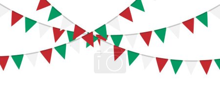 Téléchargez les illustrations : Guirlande drapeau vert, blanc et rouge. Chaîne de fanions triangulaires. Décoration de fête. Drapeaux de célébration pour la décoration - en licence libre de droit