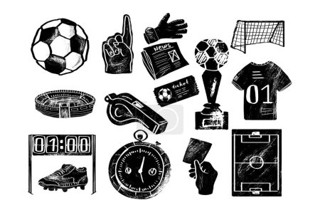 Illustration for Association football or soccer engraving, ink set. Vector drawing isolated on white background - Royalty Free Image