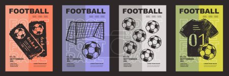 Illustration for Template Sport Layout Design, soccer football. Football league tournament poster vector illustration. Ball with ticket, goal, gate, t shirt, uniform football pitch background. - Royalty Free Image