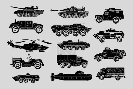 Illustration for Military combat vehicles, transportation, and machine vector set. Artwork depicts army armored vehicle, tank, missile truck, bomber, attack helicopter, jet fighter, warship, boat, ship, and submarine. - Royalty Free Image