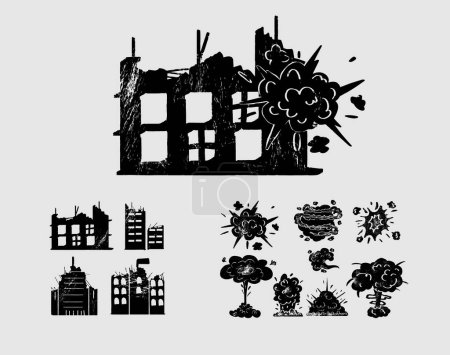 Illustration for Old ruined silhouette, abandoned and collapsed buildings set. Apartment houses damaged war or earthquake. Apocalypse vector illustration. Bomb explosion clouds - Royalty Free Image
