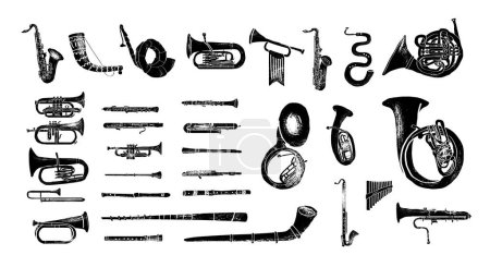 Illustration for Set of brass and woodwind instruments: flute, clarinet, oboe, bass clarinet, bassoon, horn, trumpet, flugelhorn, trombone, saxophone, tuba. vector, realism - Royalty Free Image