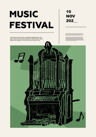 Illustration for Pipe organ, Organ, Church organ. Music festival poster. Keyboard musical instruments. Competition. A set of vector illustrations. Minimalistic design. Banner, flyer, cover, print. - Royalty Free Image