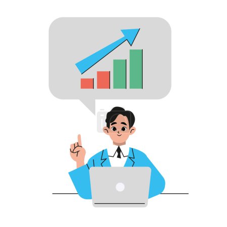 Ilustración de Business person who is surprised at how business performance goes up, trendy creative office worker giving a presentation. Flat vector illustration isolated on white background. - Imagen libre de derechos
