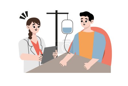Doctor check patient health condition. Doctors treating the patient, Hospitalization of the patient. Doctor's visit to ward of patient man lying in a medical bed. Vector illustration in a flat style