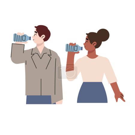 Illustration for Multiethnic men and women drinking water from plastic bottles . Vector illustration in a flat style - Royalty Free Image