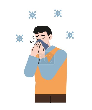 Illustration for A man cover his sneeze with handkerchief on white background. Sneezing man in green shirt with virus around. Covid-19 corona virus disease. Season allergy. Flat style vector illustration - Royalty Free Image