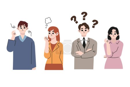 Illustration for Puzzled people wondering or thinking, planning or pondering. Men and women full of thoughts, holding hand by chin. Confused males and females isolated. Cartoon character. Vector illustration isolated - Royalty Free Image