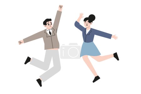 Ilustración de A set of a woman and a man who expresses joy and determination while pushing up their fists and jumping. Flat style vector illustration - Imagen libre de derechos