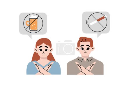 Illustration for Man, woman avoiding alcohol and cigarettes. Girl female, boy male character in a modern style. Avoid tobacco, beer, vine, smoking, drinking. Vector style design illustration isolated on white - Royalty Free Image
