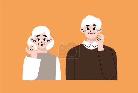Illustration for Elderly man and an elderly woman thought about the problem. Cute grandma and grandpa solve the problem. Pensioners are in a quandary. Concept of elderly people in a flat trending style. - Royalty Free Image