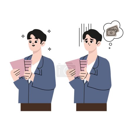 Illustration for Sad, happy man studying financial bill semi. Stressed caucasian woman isolated cartoon character on white background. Money problems, debt repayment. Emotional pressure - Royalty Free Image