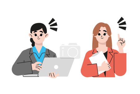 Illustration for Successful businesswoman sit ta desk work on computer reading documents. Smiling young female employee busy at laptop checking paperwork in office. Vector illustration. - Royalty Free Image