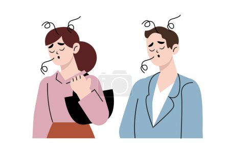 Téléchargez les illustrations : Tired young woman stressed overwhelmed with office work or studying. Exhausted man feel fatigue or burnout, need sleep and relaxation. Overwork, workload concept. Flat vector illustration. - en licence libre de droit
