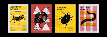 Illustration for Grasshopper, grig, ladybird, worm, applegrub, cutworm, beetle, earthworm, ladybug. Set of vector posters with insects. Engraving illustrations and typography. Background images for cover, banner - Royalty Free Image