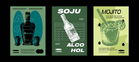 Illustration for Mojito, Apsinthe, soju Cocktail recipe with ingredient. Summer aperitif with ice. Garnished alcoholic beverage graphic print. Minimalist contemporary vertical print. Vector illustration - Royalty Free Image