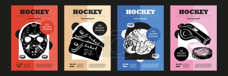 Téléchargez les photos : Modèle Conception de la mise en page des sports, hockey sur glace. Illustration vectorielle de l'affiche du tournoi de hockey. Gravure à la main illustration masque, billets, casque, sifflet, rondelle fond de terrain de hockey. - en image libre de droit